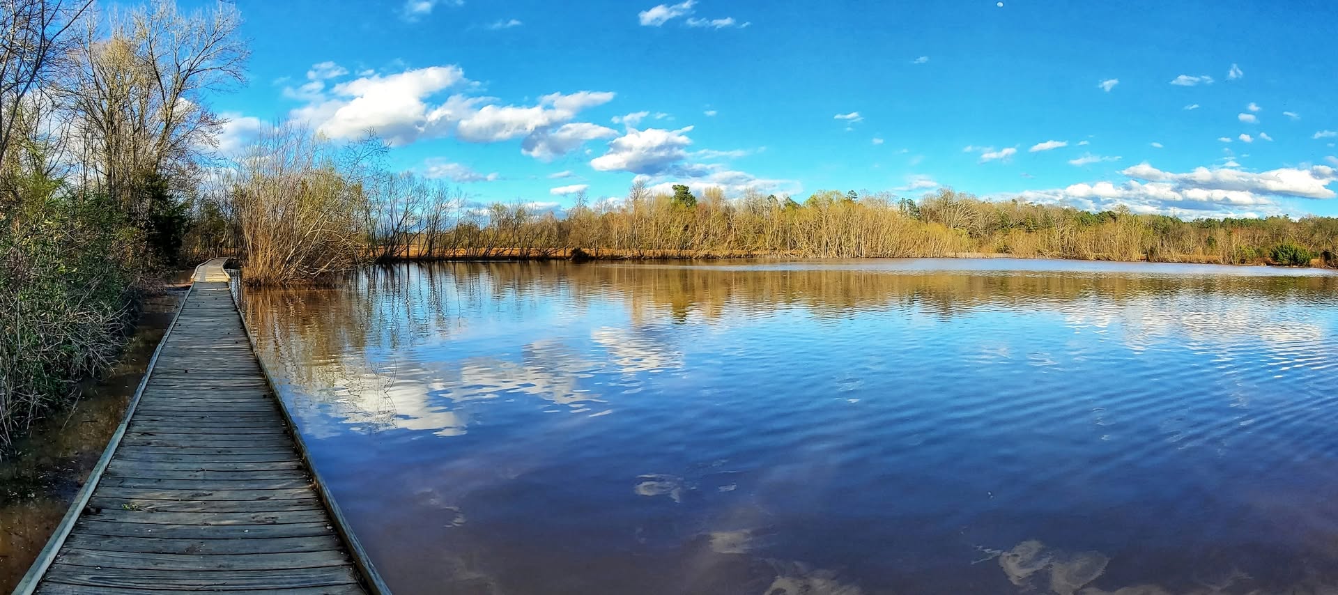Lake and boardwalk landscape in Harvest, Alabama