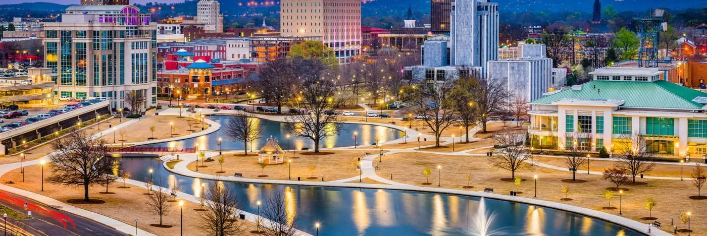 Aerial cityscape of downtown Huntsville, Alabama with Big Spring Park