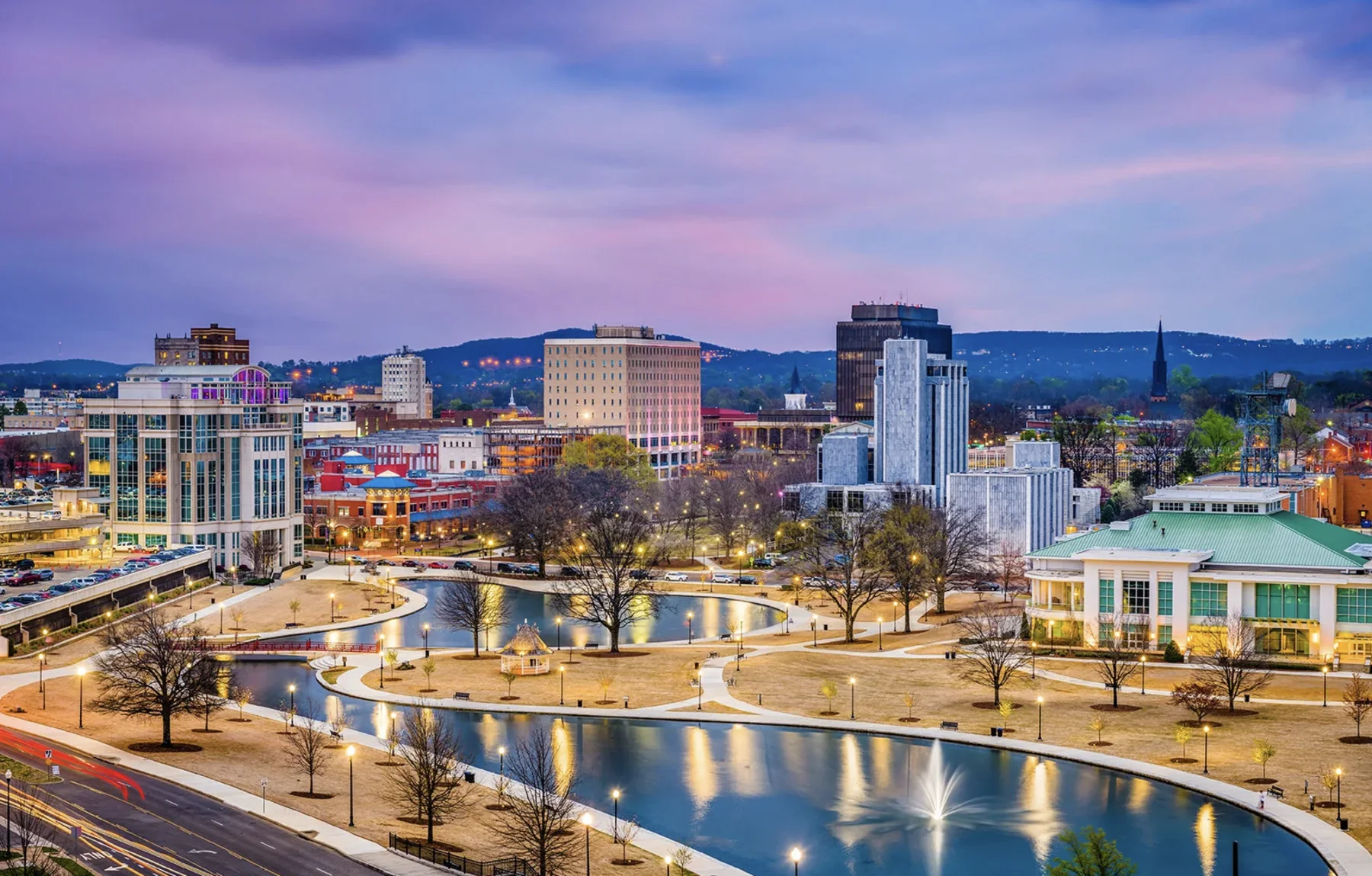 Downtown Huntsville, Alabama, overlooking Big Spring International Park at dusk
