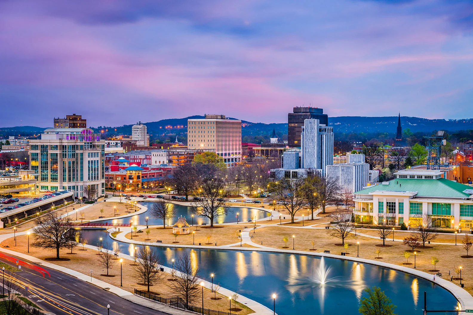 Downtown Huntsville, Alabama and Big Spring Park at dusk